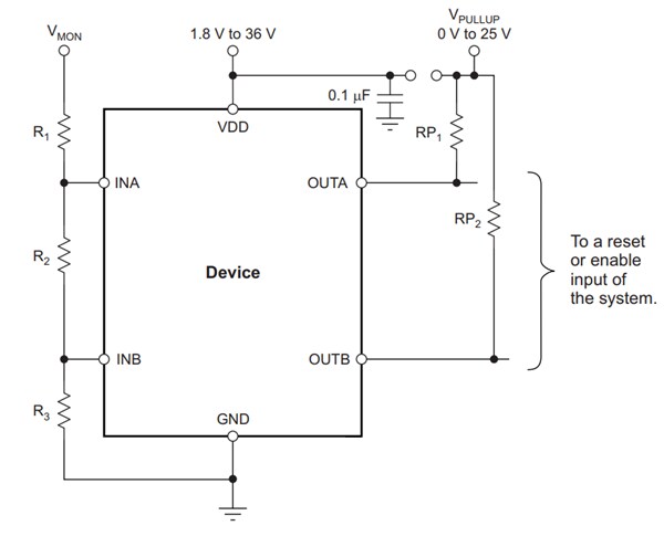 Application Circuit Diagram - Texas Instruments TPS3701 36V Window Comparator