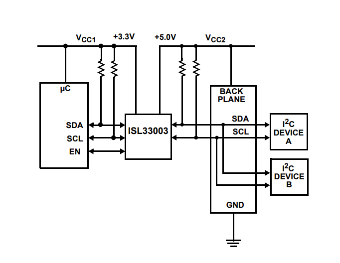 Application Circuit Diagram - Renesas Electronics ISL3300x I2C Bus Buffers
