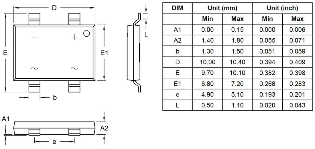 Mechanical Drawing - Taiwan Semiconductor TBS60x 6A Bridge Rectifiers