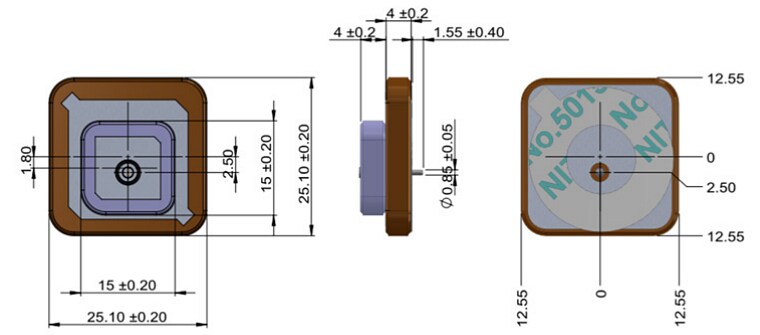 Mechanical Drawing - Abracon APARM2508S-SGL2L5 Stacked Patch Antenna