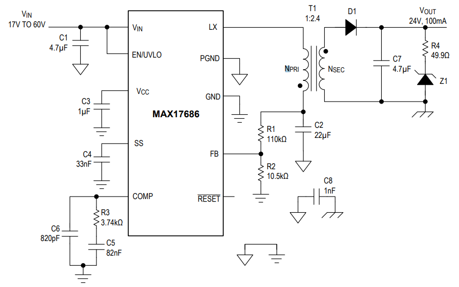 Application Circuit Diagram - Analog Devices / Maxim Integrated MAX17686 Iso-Buck DC-DC Converter