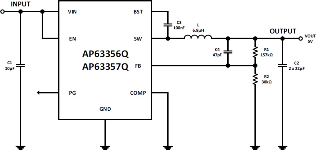 Application Circuit Diagram - Diodes Incorporated AP6335xQ Automotive Synchronous Buck Converters