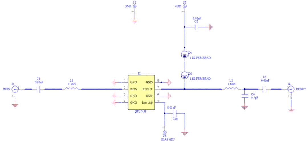 Application Circuit Diagram - Qorvo QPL7433 45MHz to 3.3GHz Low Noise Amplifier
