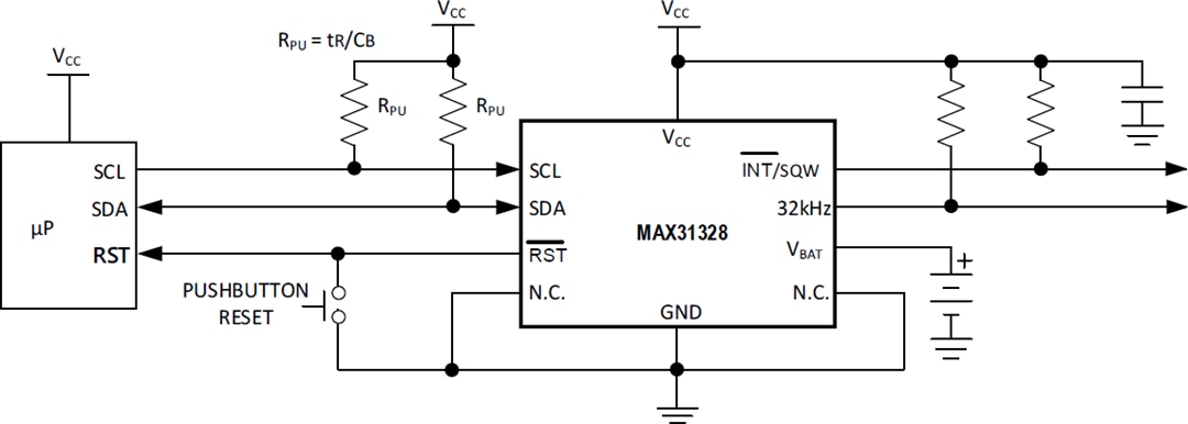 Application Circuit Diagram - Analog Devices / Maxim Integrated MAX31328 I2C Real-Time Clock (RTC)
