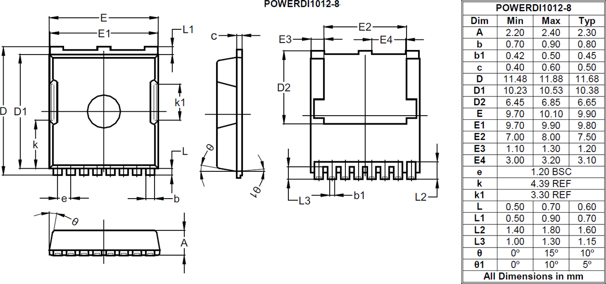 Mechanical Drawing - Diodes Incorporated DMTH10H2M5STLWQ Automotive Enhancement-Mode MOSFET