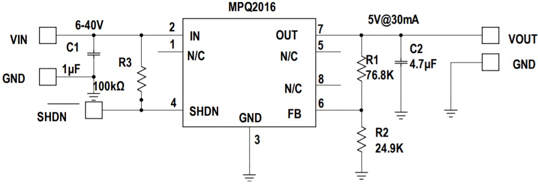 Application Circuit Diagram - Monolithic Power Systems (MPS) MPQ2016 LDO Voltage Regulators