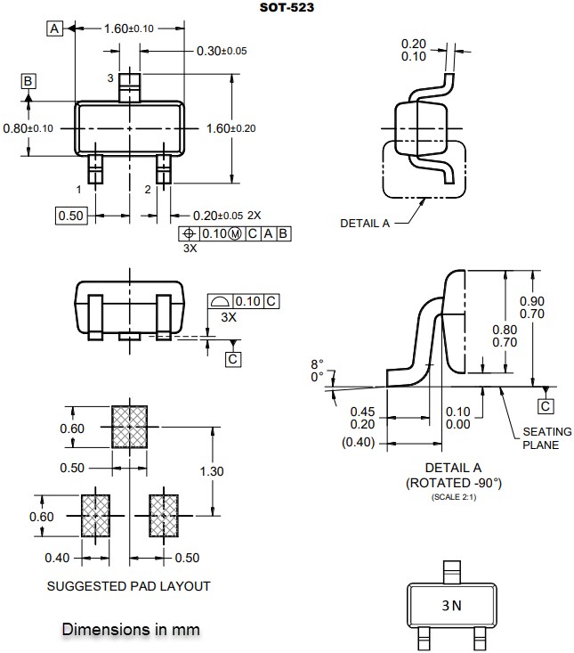 Mechanical Drawing - Taiwan Semiconductor MMBT3906T PNP Bipolar Transistor