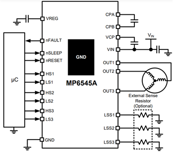 Application Circuit Diagram - Monolithic Power Systems (MPS) MP6545 & MP6545A Three-Phase Power Stage ICs