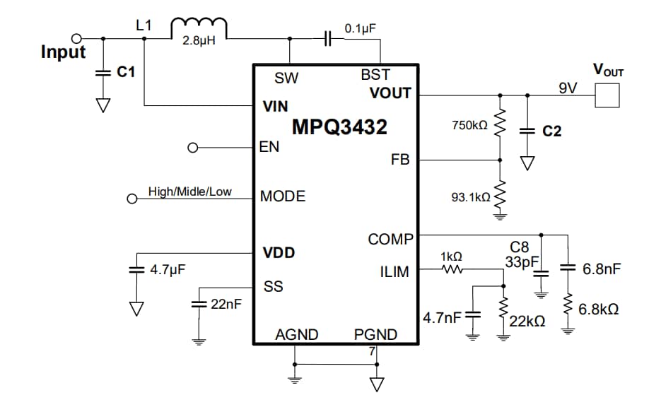Application Circuit Diagram - Monolithic Power Systems (MPS) MPQ3432 Synchronous Boost Converters