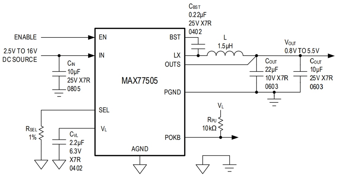 Application Circuit Diagram - Analog Devices Inc. MAX77505 16A Low IQ Buck Converter