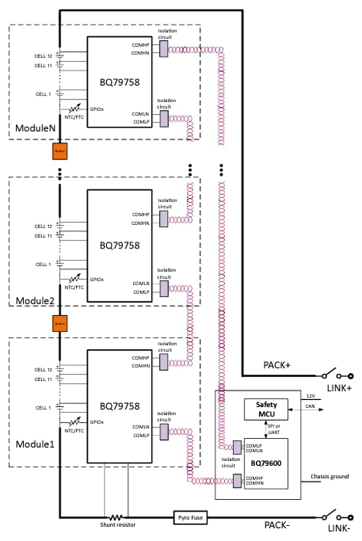 Application Circuit Diagram - Texas Instruments bq79758-Q1 18S Battery Monitor & Balancer