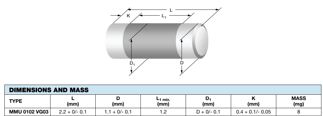 Mechanical Drawing - Vishay / Beyschlag MMU 0102 VG03 Thin Film Reliable MELF Resistors