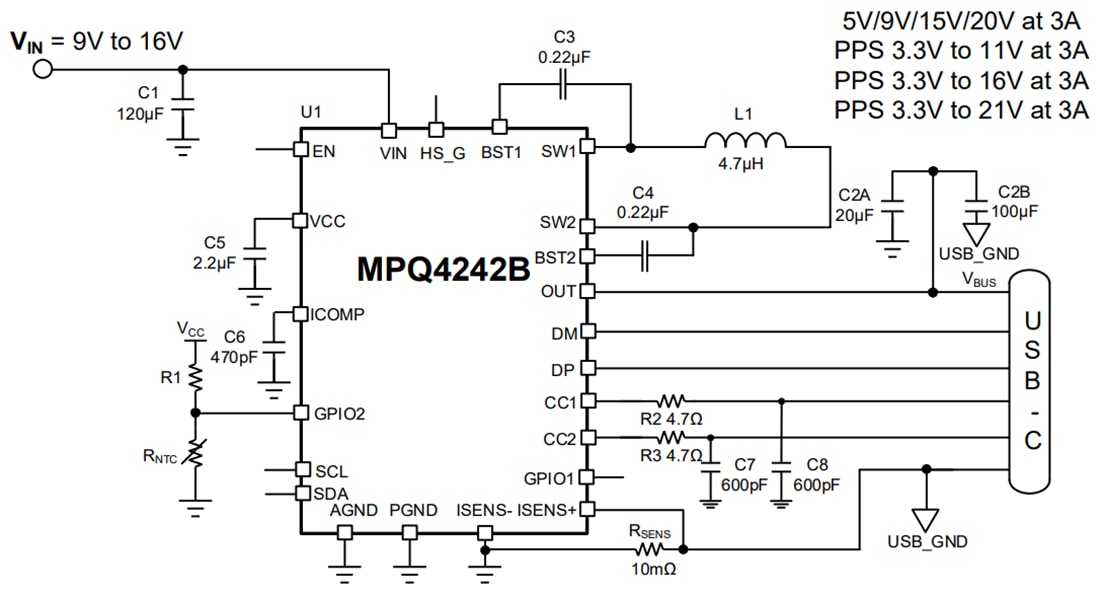 Application Circuit Diagram - Monolithic Power Systems (MPS) MPQ4242B-AEC1 Fully Integrated Power Delivery IC