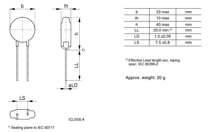 Mechanical Drawing - TDK S30 & S36 NTC ICL Thermistors