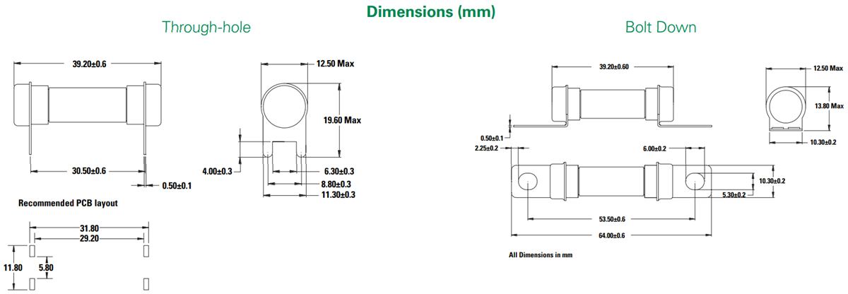 Mechanical Drawing - Littelfuse 827 Series High Voltage Cartridge Fuses