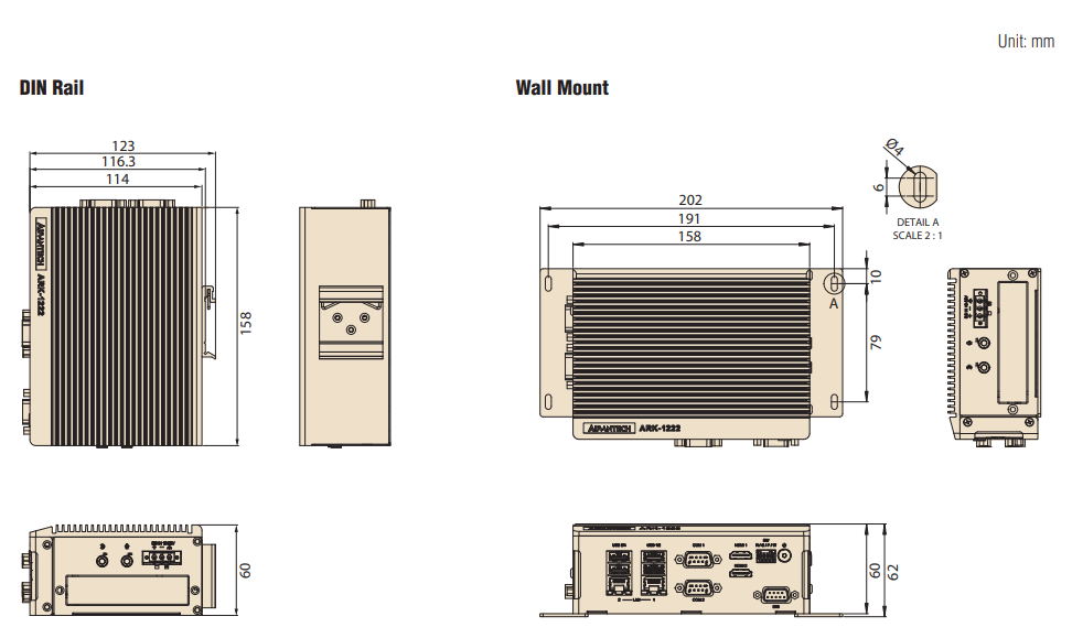 Mechanical Drawing - Advantech ARK-1222 DIN-Rail Fanless Box PCs